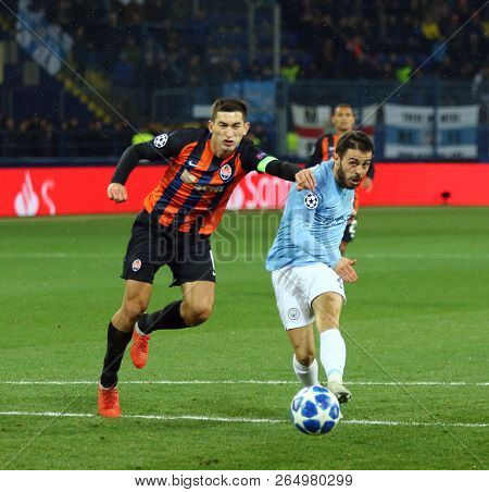 Kharkiv, Ukraine - October 23, 2018: Bernardo Silva Of Manchester City (r) Scores A 3rd Goal During 