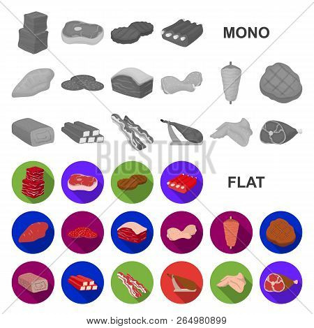 Different Meat Flat Icons In Set Collection For Design. Meat Product Vector Symbol Stock Web Illustr