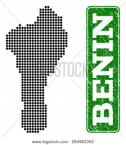 Dotted Map Of Benin And Rubber Caption. Vector Green Title Inside Rounded Rectangle And Distress Rub