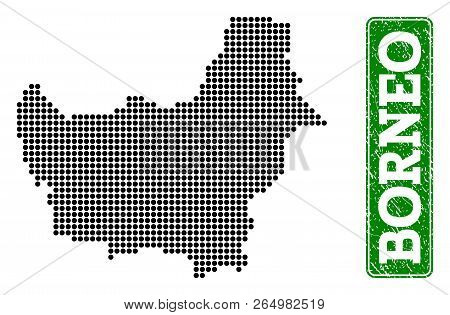 Dotted Map Of Borneo Island And Grunge Caption. Vector Green Title Inside Rounded Rectangle And Grun