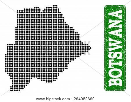Dotted Map Of Botswana And Rubber Caption. Vector Green Title Inside Rounded Rectangle And Distress 