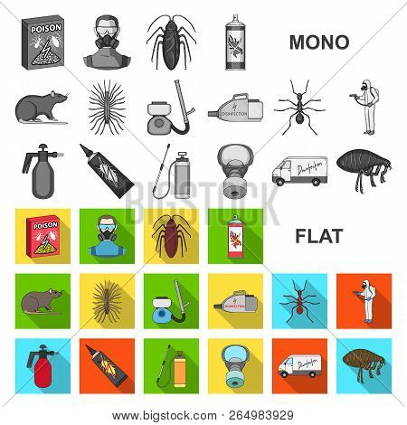 Pest, Poison, Personnel And Equipment Flat Icons In Set Collection For Design. Pest Control Service 