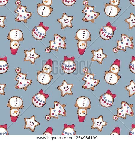 Christmas Seamless Pattern With Coocies. Childhood Vector Background In Cartoon Style.