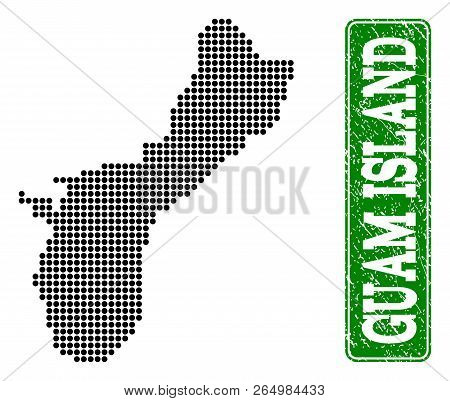 Dotted Map Of Guam Island And Rubber Caption. Vector Green Title Inside Rounded Rectangle And Distre