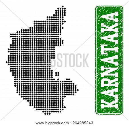 Dotted Map Of Karnataka State And Corroded Caption. Vector Green Title Inside Rounded Rectangle And 