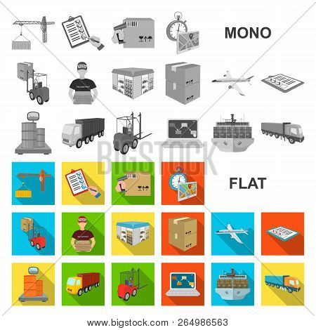Logistics And Delivery Flat Icons In Set Collection For Design. Transport And Equipment Isometric Ve