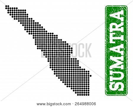 Dotted Map Of Sumatra Island And Rubber Caption. Vector Green Title Inside Rounded Rectangle And Dis