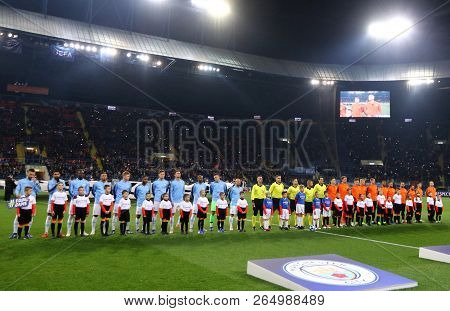 Kharkiv, Ukraine - October 23, 2018: Players Listen To Champions League Anthem Before The Uefa Champ