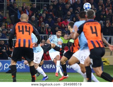 Kharkiv, Ukraine - October 23, 2018: Riyad Mahrez Of Manchester City (c) Kicks A Ball During The Uef