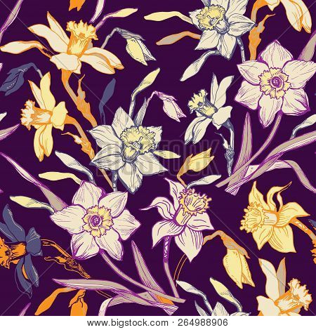 Briht Floral Seamless Pattern With Hand Drawn Flowers Daffodils, Narcissus. Colorful Floral Elements
