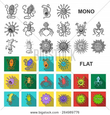 Types Of Funny Microbes Flat Icons In Set Collection For Design. Microbes Pathogenic Vector Symbol S