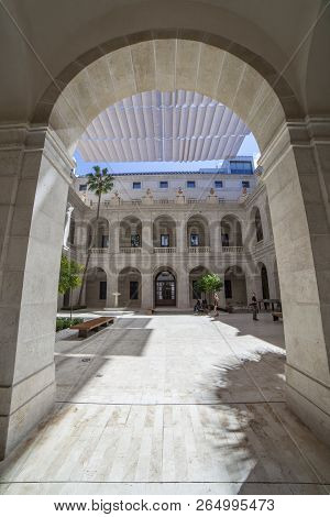 Malaga, Spain - September 23th, 2018: Palacio De La Aduana Central Porticoed Patio, Malaga, Spain