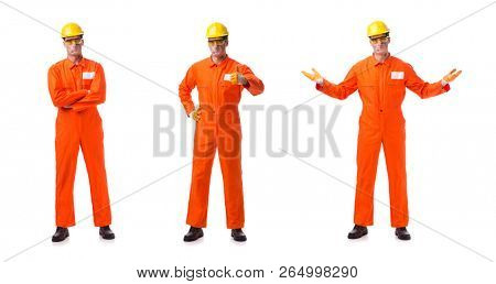 Contractor employee wearing coveralls isolated on white