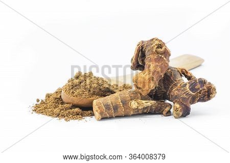 Galangal Root And Galanga Powder Isolated On White Background. Healthy Spice Concept (alpinia Offici