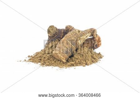 Galangal Root And Galanga Powder Isolated On White Background. Healthy Spice Concept (alpinia Offici