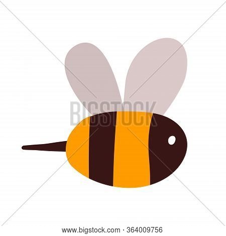 A Cute Yellow Bee In Black Stripes Is Flying. A Small Kind Insect With A Sting For The Logo Of Manuf