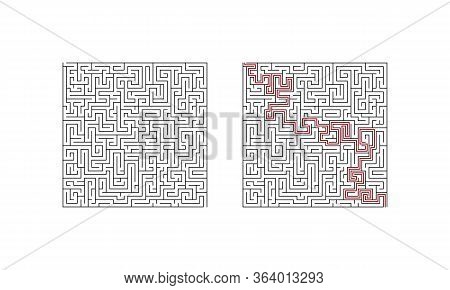 Difficult Labyrinth Maze Game. Complecated Puzzle With Solution. Find The Right Way. Vector Illustra