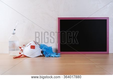 Face Mask,blue Medical Gloves,syringe Inside Physiological Water And Blacboard,accessories For Prote
