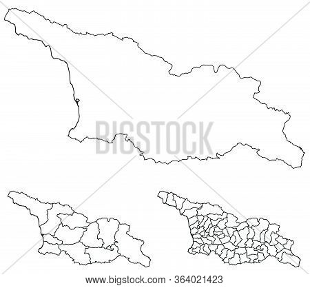 Georgia Outline Map Vector With Administrative Borders, Regions, Municipalities, Departments In Blac
