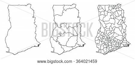 Ghana Outline Map Vector With Administrative Borders, Regions, Municipalities, Departments In Black 