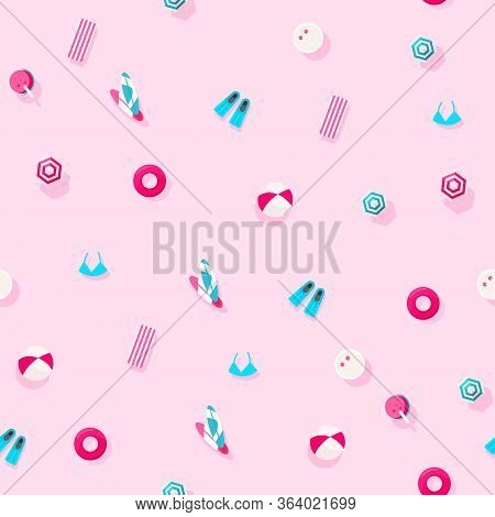 Trendy Pattern Of Summer Vacation Accessories On A Pink Background. Summer And Vacations Concept