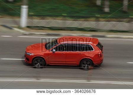 Moscow , Russia - April 30, 2020: Red Volvo Xc90 On The City Road. Fast Moving Car On Moscow Streets