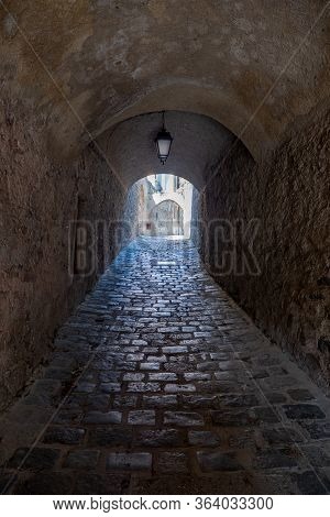 Traunergassl In Duernstein, A Medieval, Old Passageway With Cobblestones In The Wachau Valley, Austr