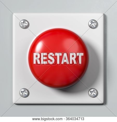 Red Button With Restart Text Against Gray Background 3d Illustration