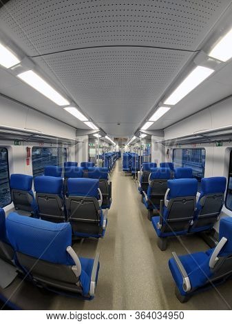 Tver, Russia - 06 07 2018: Interior Of Empty Passenger Carriage In The New Russian Rapid Transport T