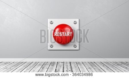 Red Button With Restart Text Against Gray Wall In The Room 3d Illustration