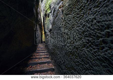 Narrow Path In The Middle Rock Formations. Hruba Skala In Bohemian Paradise, Czech Republic