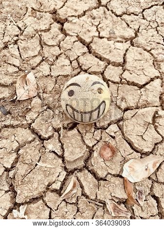 Top View Shot Of Cracked Dry Soil With Smiling Ball And Leaf. Depressive Mood