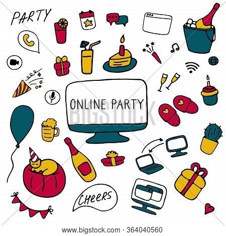 Online Party Icon Set. Doodle Celebration Signs. Hand Drawn Flat Vector Illustration.