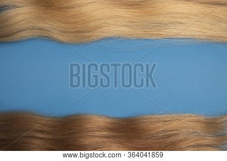 The Texture Of Brown And Blond Hair. Barber Banner. Blue Background.