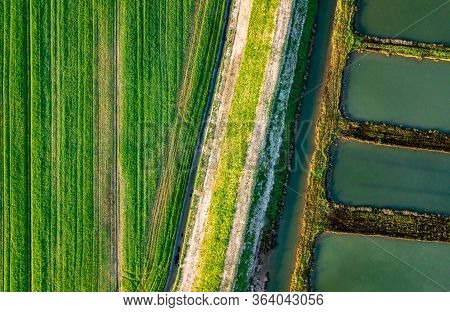 Green Geometry - A Conventional Field Near The Sea And Some Oyster Parks In Vendee By Drone
