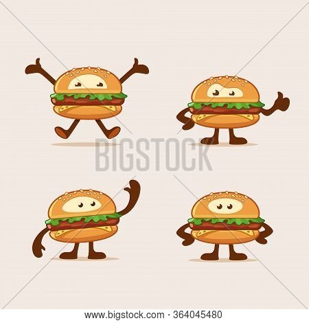 Burger Cartoon Characters Jumping Waving Standing And Shows Thumb Up