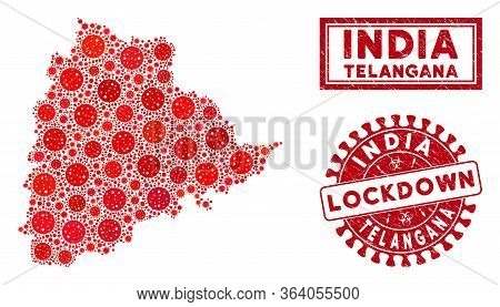 Coronavirus Mosaic Telangana State Map And Stamps. Red Round Lockdown Scratched Seal. Vector Coronav