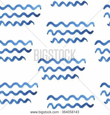 Watercolor Seamless Vector Pattern. Blue Strokes Of Paint Wave Isolated On White Background. Stains,