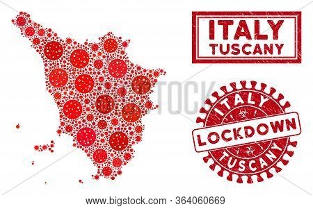 Covid-2019 Virus Mosaic Tuscany Region Map And Rubber Prints. Red Rounded Lockdown Scratched Seal. V