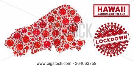 Coronavirus Collage Kahoolawe Island Map And Rubber Prints. Red Round Lockdown Distress Seal. Vector