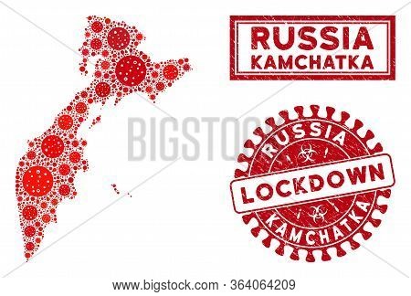 Covid-2019 Virus Collage Kamchatka Map And Seals. Red Round Lockdown Textured Seal Stamp. Vector Cov