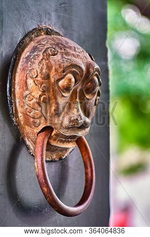 Chinese Door Knob Knockers. Lion Head Door Knockers, Old Door In Hutong Narrow Alley In Beijing, Chi