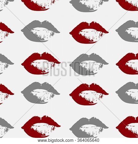 Print Of Sexy Imprinted Lips With Red Lipstick On An Isolated White Background. On Wrapping Paper Fa