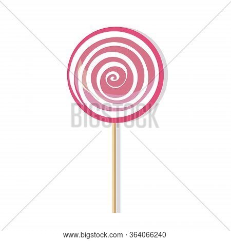 Cute Cartoon Lollipop Of Pink And White Color. Single Object With Shadow. Vector Illustration.