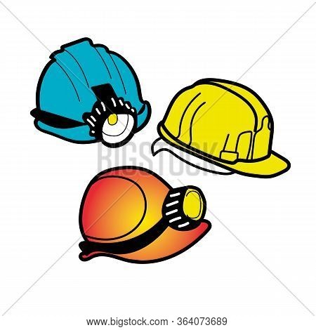 Realistic Set Of Different Colors Of Protective Helmets With And Without A Flashlight, Isolated On A