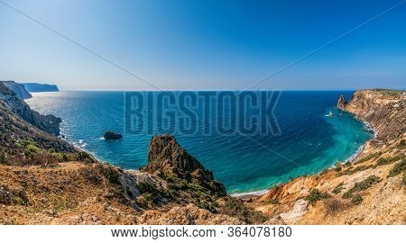Atmospheric Seascape With A View Of The Black Sea Coast In Crimea, Cape Fiolent, The City Of Sevasto