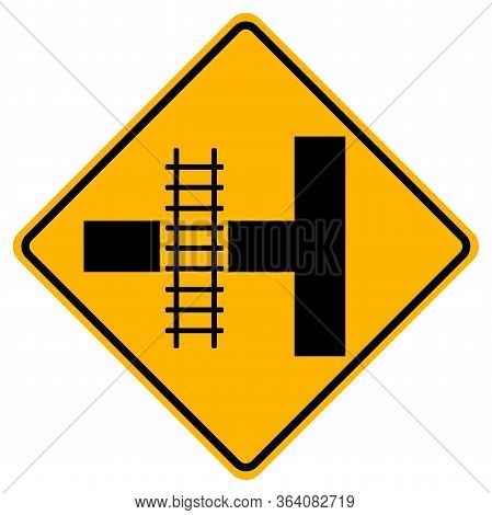 Warning Signs Railway Crossing On Next Side Road On White Background