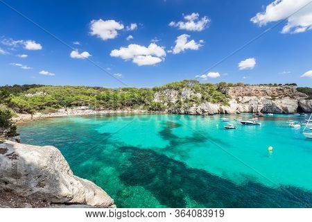 Panoramic View Of The Most Beautiful Beach Cala Macarella Of Menorca Island, Balearic Islands, Spain