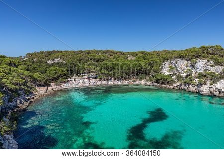 Panoramic View Of The Most Beautiful Beach Cala Macarella Of Menorca Island, Balearic Islands, Spain