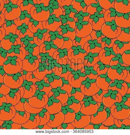 Persimmon Endless Vector Background. Thin Line Black Kaki Fruit Icon. Ripe Bright Pattern For Printi